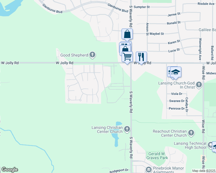 map of restaurants, bars, coffee shops, grocery stores, and more near 4020 Hartford Road in Lansing