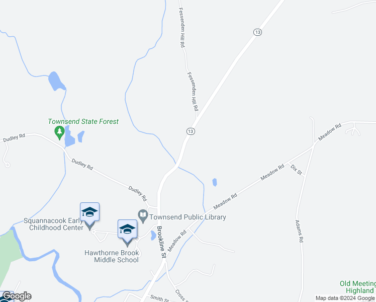 map of restaurants, bars, coffee shops, grocery stores, and more near 87 Brookline Street in Townsend