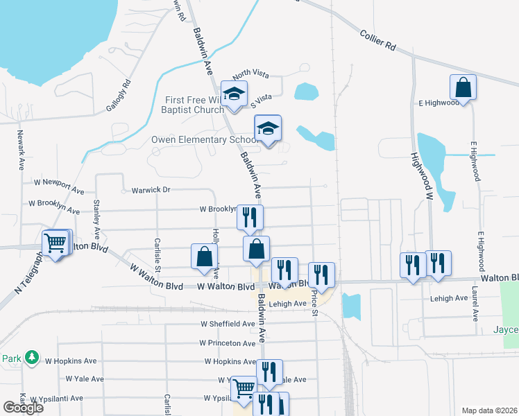 map of restaurants, bars, coffee shops, grocery stores, and more near 0 West Brooklyn Avenue in Pontiac