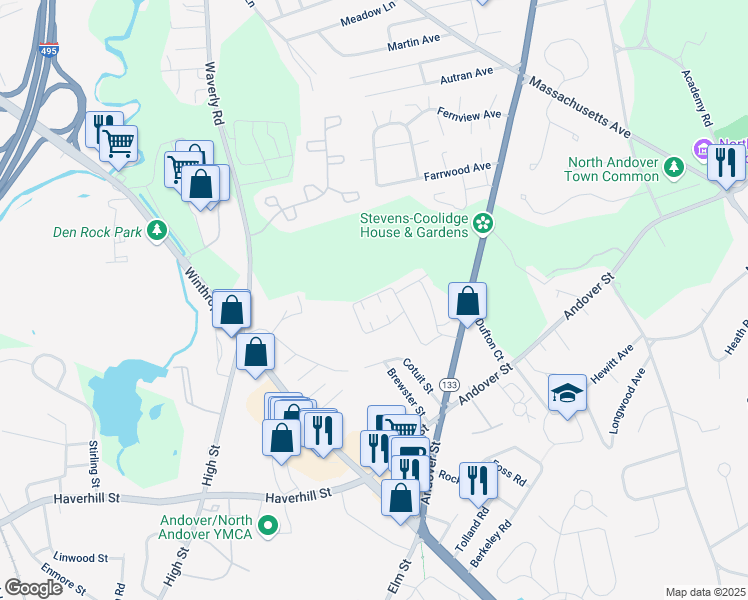 map of restaurants, bars, coffee shops, grocery stores, and more near 138 Kingston Street in North Andover