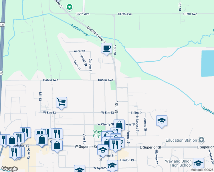 map of restaurants, bars, coffee shops, grocery stores, and more near 616 Church Street in Wayland