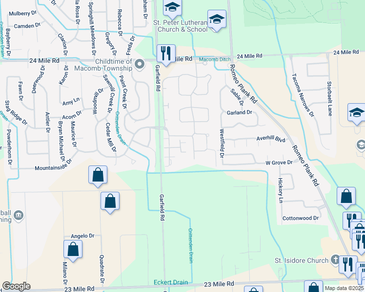 map of restaurants, bars, coffee shops, grocery stores, and more near 52324 Stoneridge in Macomb