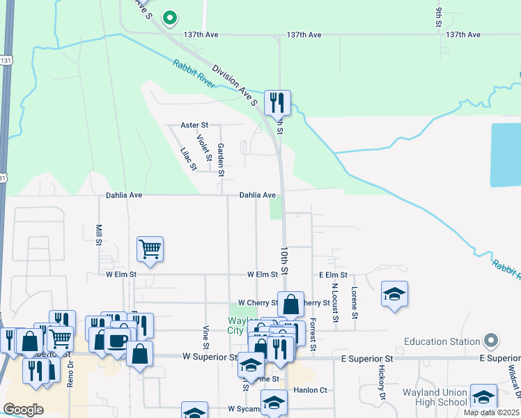 map of restaurants, bars, coffee shops, grocery stores, and more near 616 Church Street in Wayland