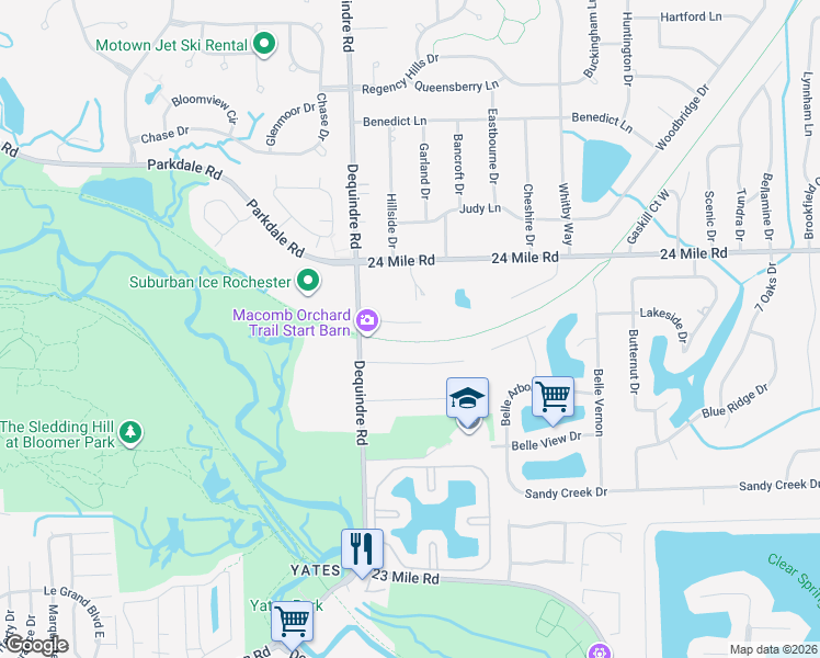 map of restaurants, bars, coffee shops, grocery stores, and more near 2065 Westridge Drive in Macomb County