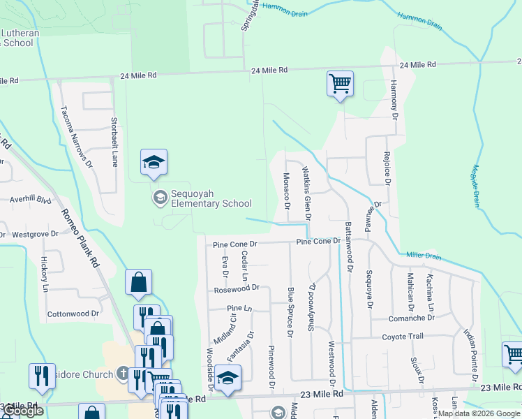 map of restaurants, bars, coffee shops, grocery stores, and more near 52073 Monaco Drive in Macomb