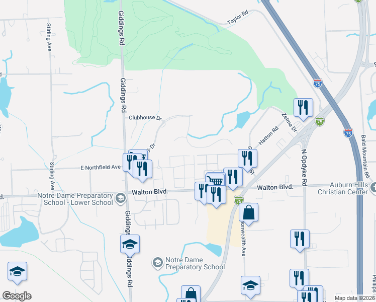 map of restaurants, bars, coffee shops, grocery stores, and more near 1162 Fieldstone Drive in Pontiac