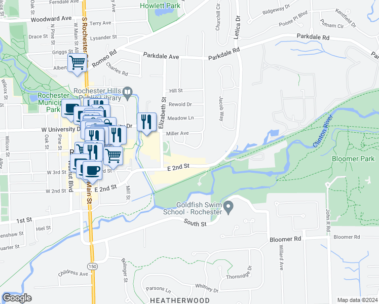 map of restaurants, bars, coffee shops, grocery stores, and more near 455 Baldwin Avenue in Rochester