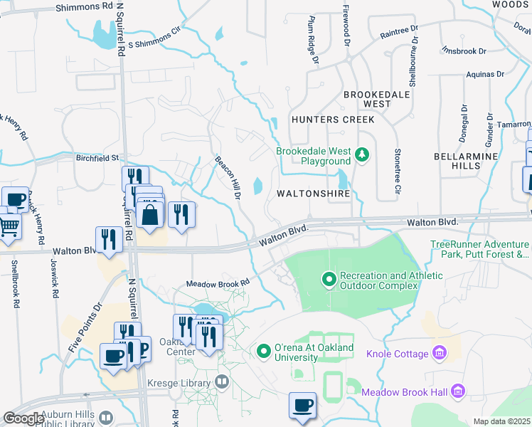 map of restaurants, bars, coffee shops, grocery stores, and more near 2600 Greenstone Boulevard in Auburn Hills