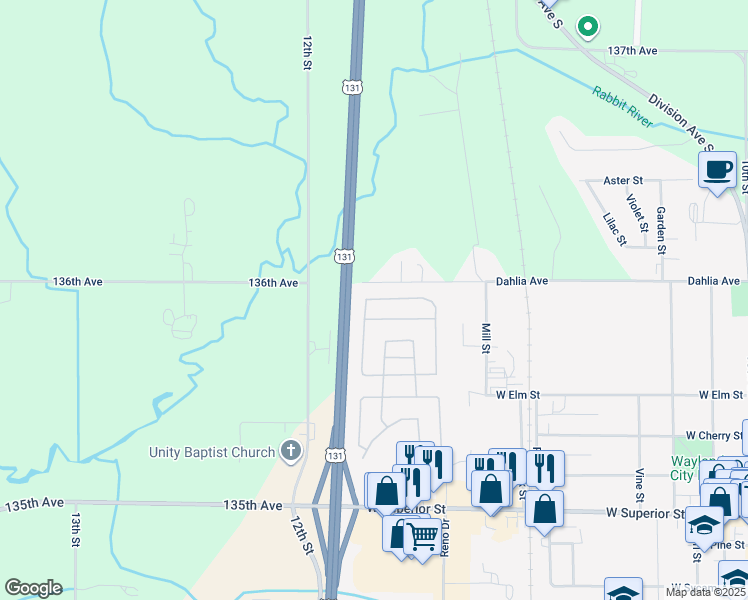 map of restaurants, bars, coffee shops, grocery stores, and more near 1159 Saskatoon Trail in Wayland