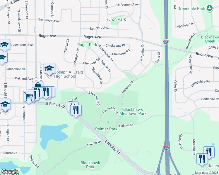 map of restaurants, bars, coffee shops, grocery stores, and more near 515 Apache Drive in Janesville