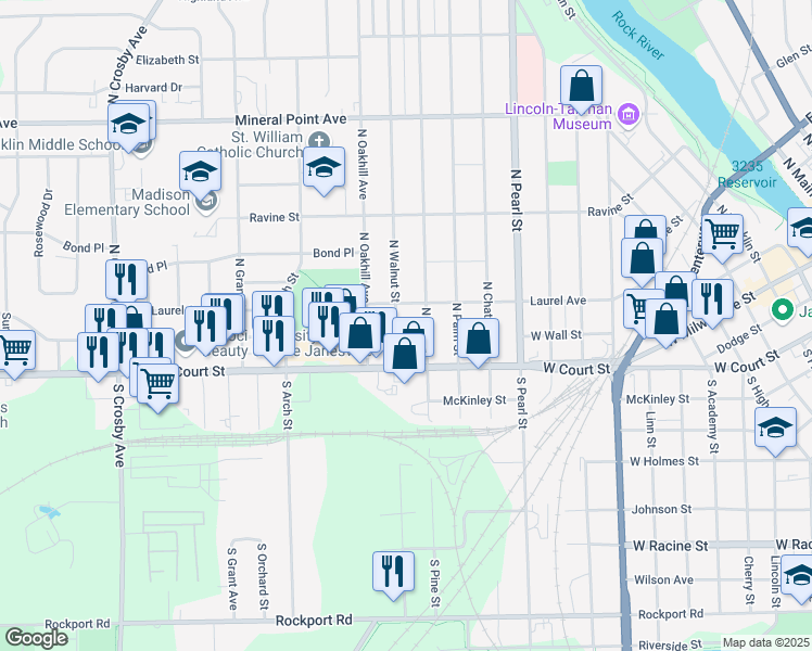 map of restaurants, bars, coffee shops, grocery stores, and more near 123 North Pine Street in Janesville