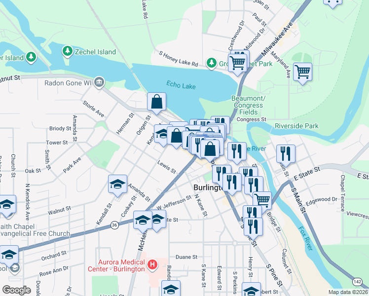 map of restaurants, bars, coffee shops, grocery stores, and more near 157 East Chestnut Street in Burlington