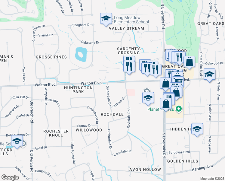 map of restaurants, bars, coffee shops, grocery stores, and more near 1497 Walton Boulevard in Rochester Hills