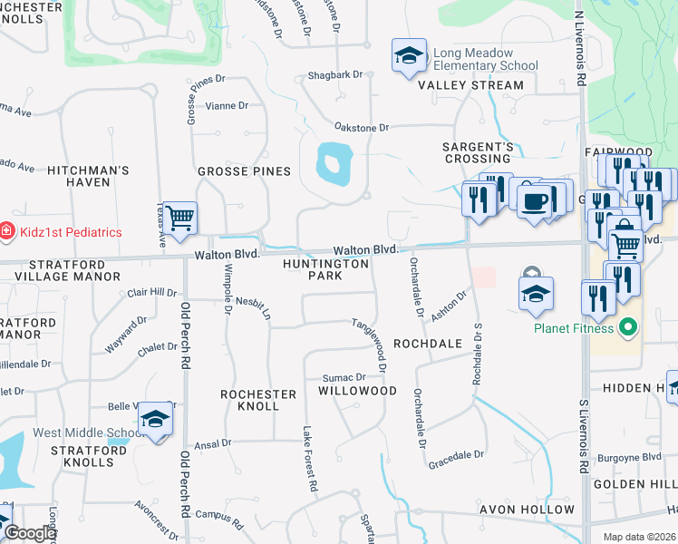 map of restaurants, bars, coffee shops, grocery stores, and more near 20 Sugar Pine Road in Rochester Hills