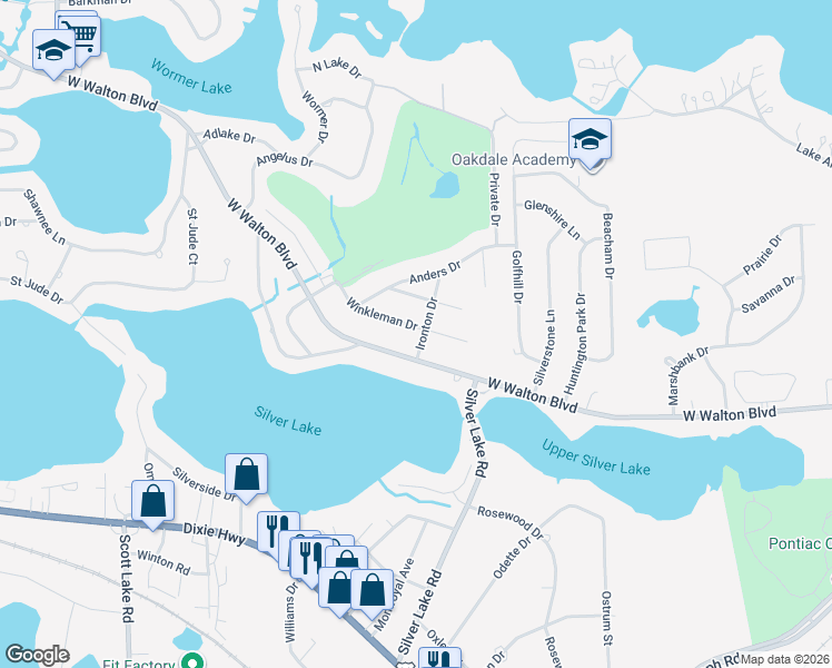 map of restaurants, bars, coffee shops, grocery stores, and more near 2750 Ironton Drive in Waterford Township
