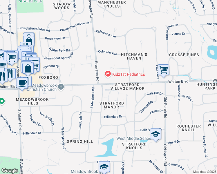 map of restaurants, bars, coffee shops, grocery stores, and more near 2377 Walton Boulevard in Rochester Hills