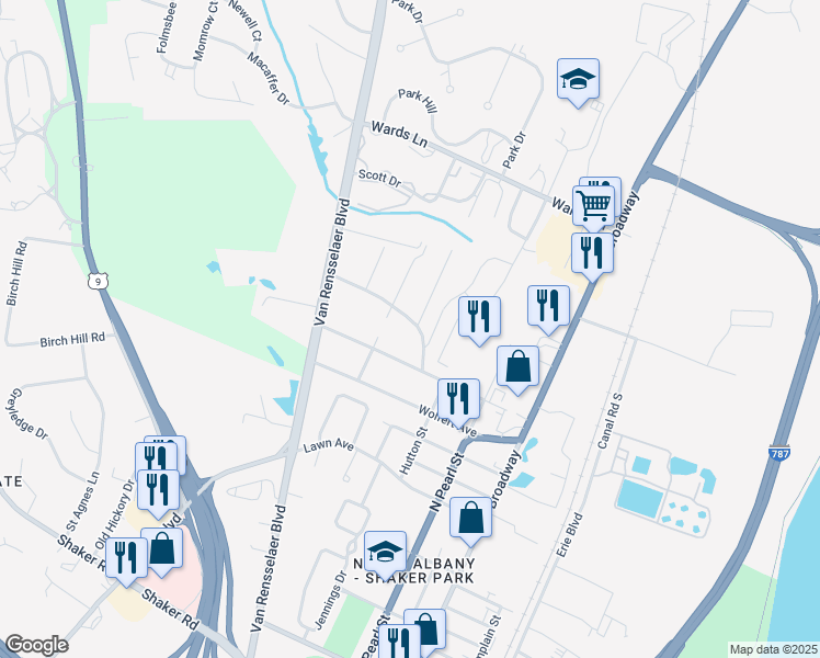 map of restaurants, bars, coffee shops, grocery stores, and more near 3 Pawling Street in Menands