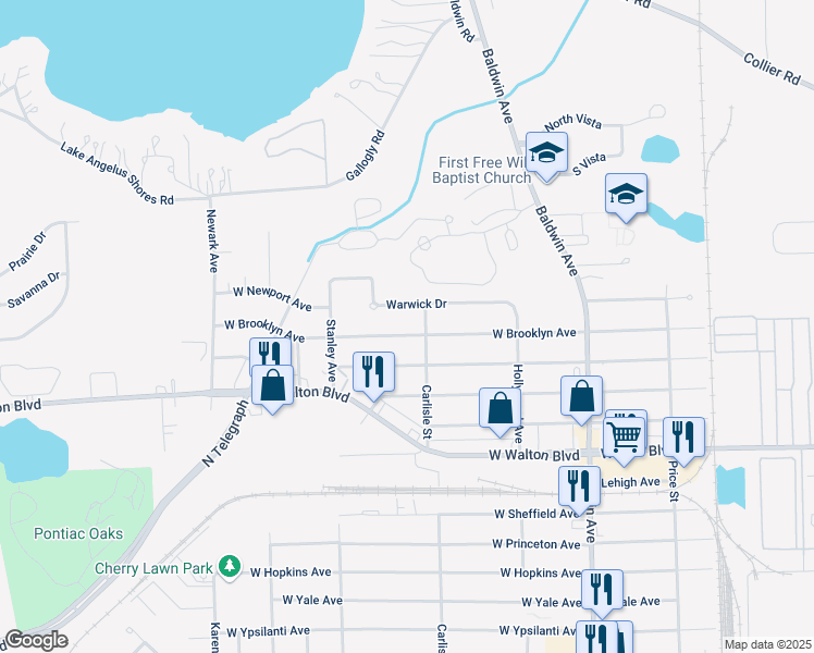 map of restaurants, bars, coffee shops, grocery stores, and more near 213 Warwick Drive in Pontiac