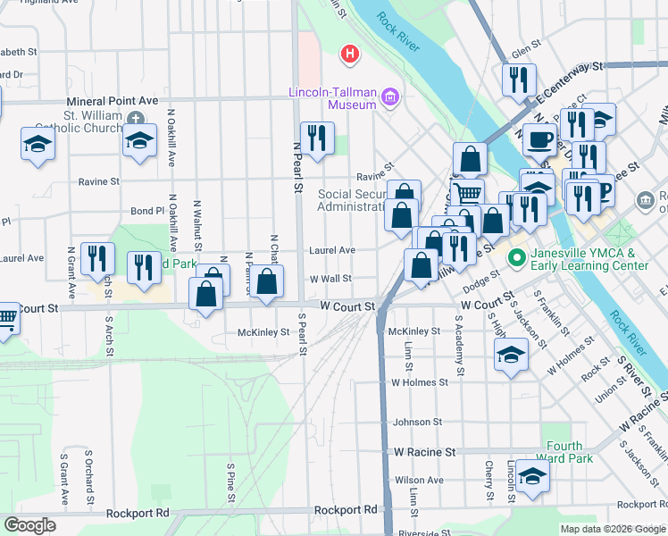 map of restaurants, bars, coffee shops, grocery stores, and more near 1115 Laurel Avenue in Janesville
