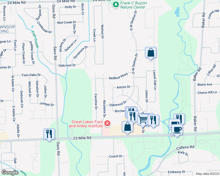map of restaurants, bars, coffee shops, grocery stores, and more near 32844 Redbud Parkway in New Baltimore