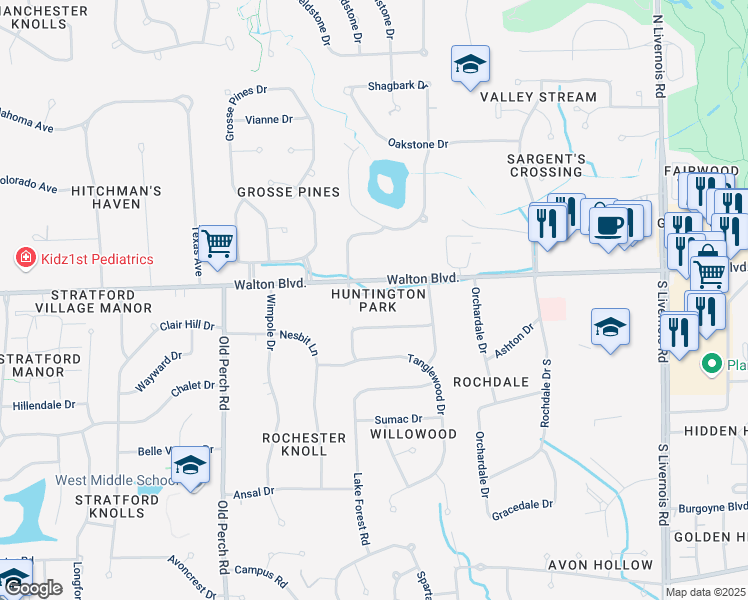 map of restaurants, bars, coffee shops, grocery stores, and more near 1675 Huntington Park in Rochester Hills