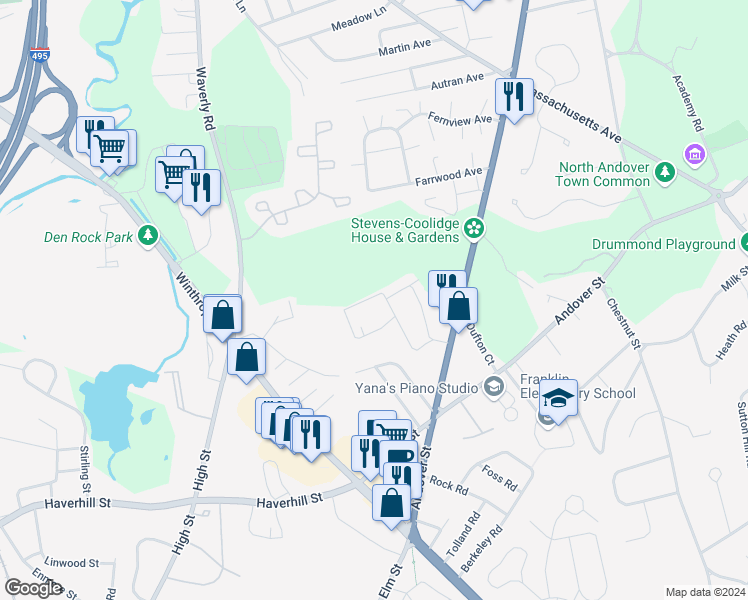 map of restaurants, bars, coffee shops, grocery stores, and more near 64 Jefferson Street in North Andover