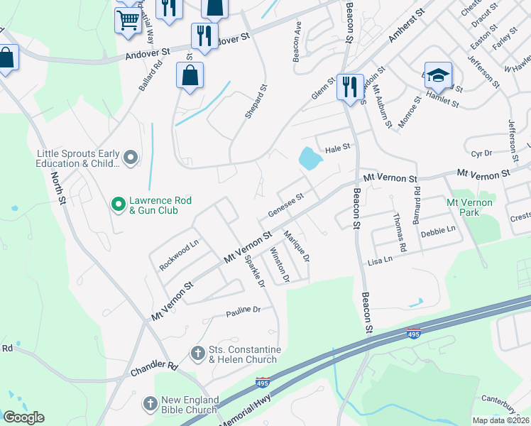 map of restaurants, bars, coffee shops, grocery stores, and more near 111 Genesee Street in Lawrence