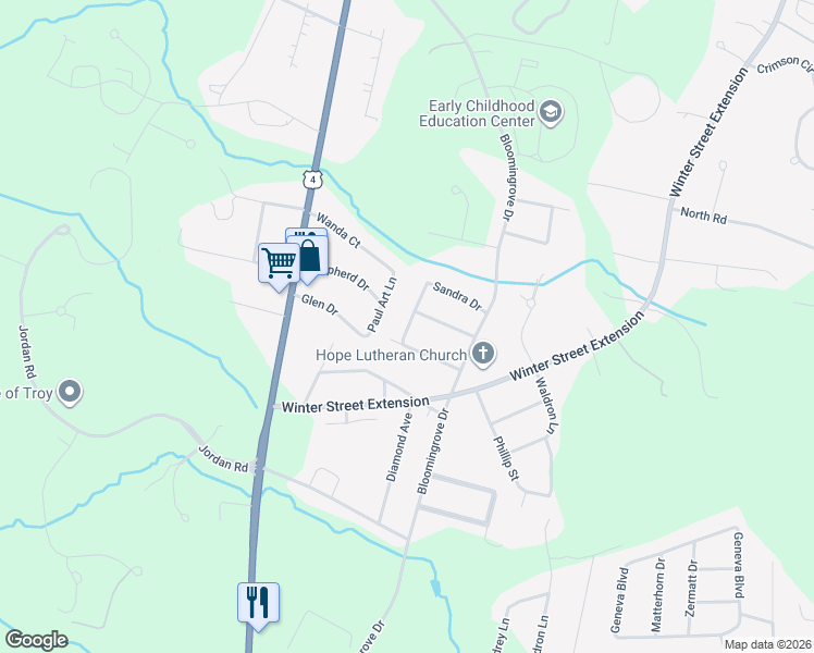 map of restaurants, bars, coffee shops, grocery stores, and more near 1 Frederick Place in Troy