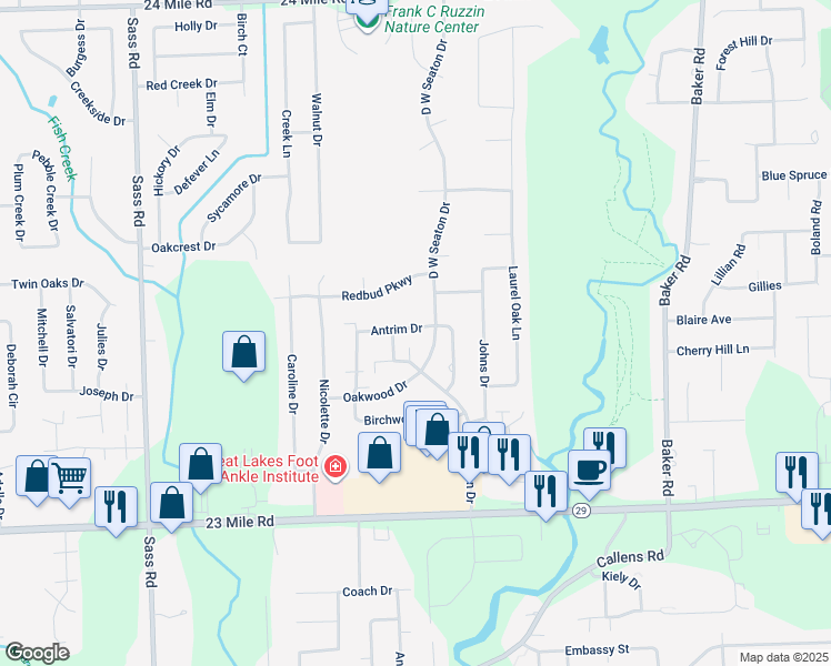 map of restaurants, bars, coffee shops, grocery stores, and more near 4 North Park Drive in Chesterfield