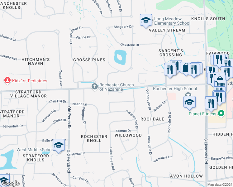map of restaurants, bars, coffee shops, grocery stores, and more near 1635 Huntington Park in Rochester Hills