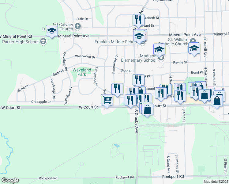 map of restaurants, bars, coffee shops, grocery stores, and more near 2730 West Wall Street in Janesville
