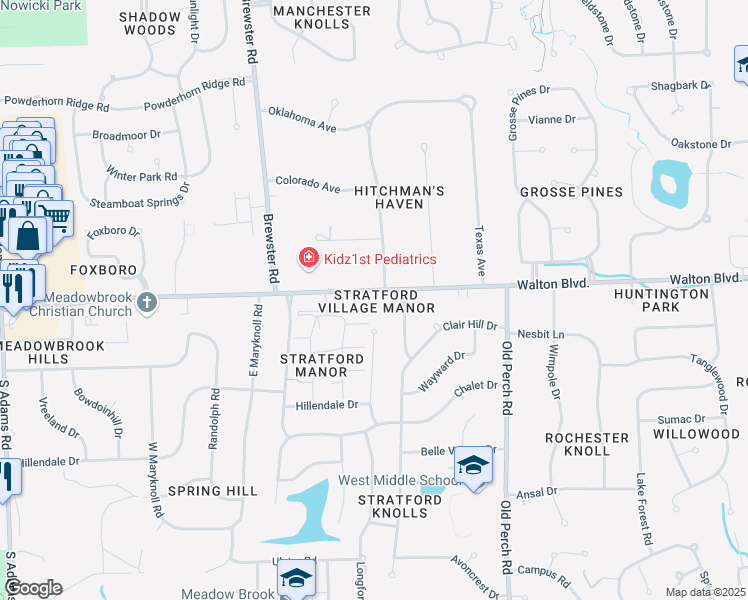 map of restaurants, bars, coffee shops, grocery stores, and more near 2245 Walton Boulevard in Rochester Hills