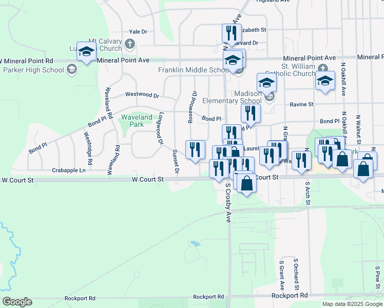 map of restaurants, bars, coffee shops, grocery stores, and more near 2730 West Wall Street in Janesville