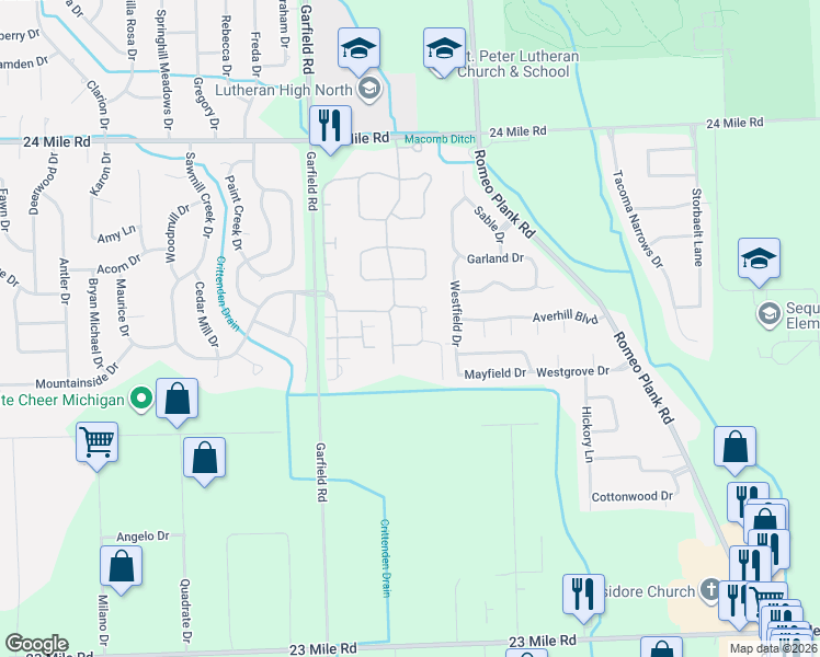 map of restaurants, bars, coffee shops, grocery stores, and more near 16791 Sandstone Circle in Macomb