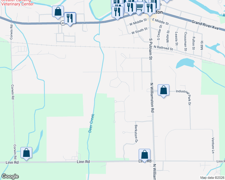 map of restaurants, bars, coffee shops, grocery stores, and more near 323 Split Rail Ridge in Williamston