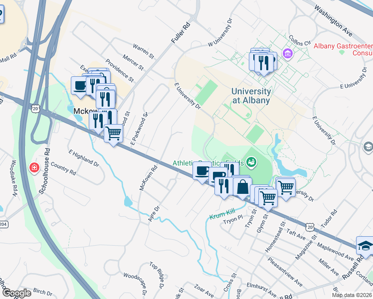 map of restaurants, bars, coffee shops, grocery stores, and more near 13 Waverly Place in Albany