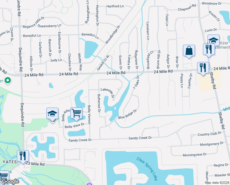 map of restaurants, bars, coffee shops, grocery stores, and more near 3249 Lakeside Drive in Macomb County