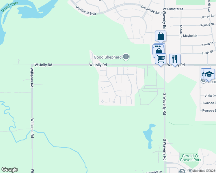 map of restaurants, bars, coffee shops, grocery stores, and more near Circle Drive in Lansing