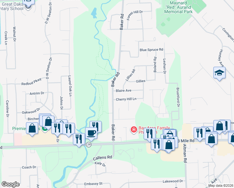 map of restaurants, bars, coffee shops, grocery stores, and more near 51600 Baker Road in New Baltimore