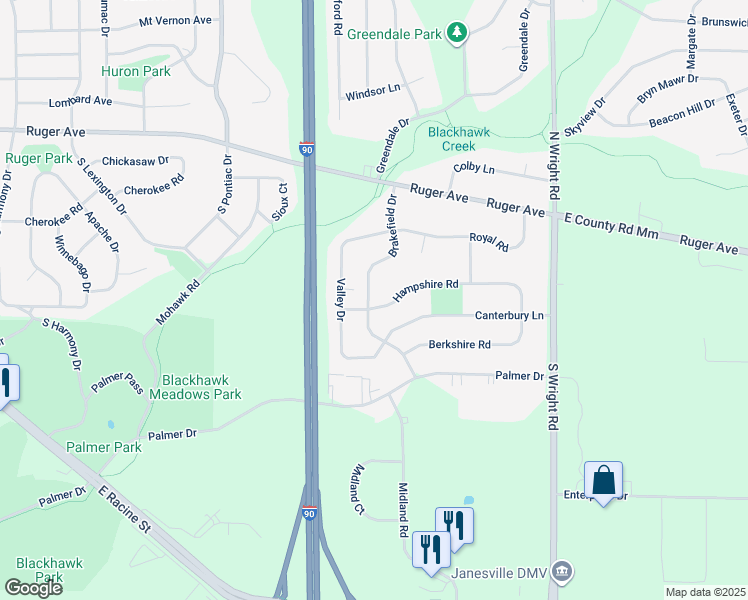 map of restaurants, bars, coffee shops, grocery stores, and more near 185 Brakefield Drive in Janesville