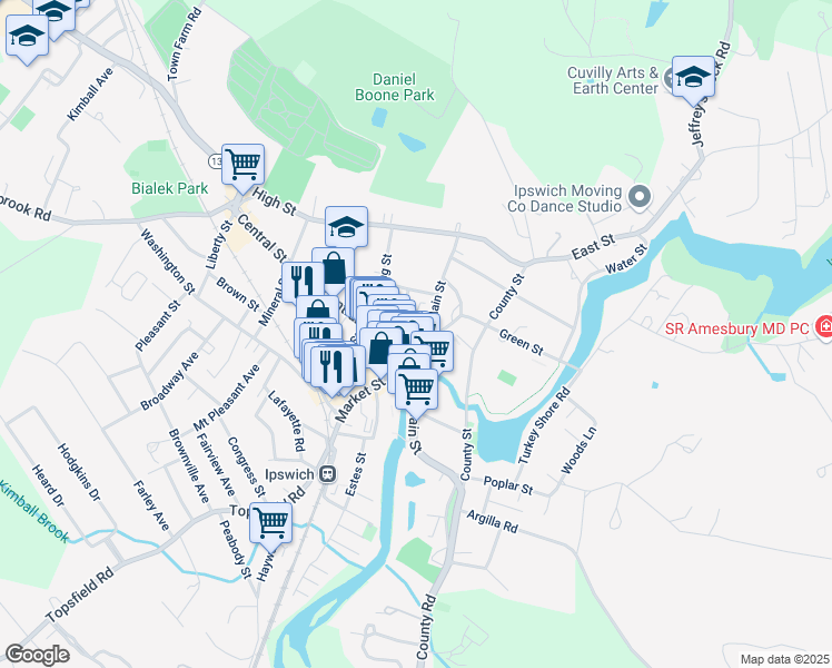 map of restaurants, bars, coffee shops, grocery stores, and more near 12 North Main Street in Ipswich