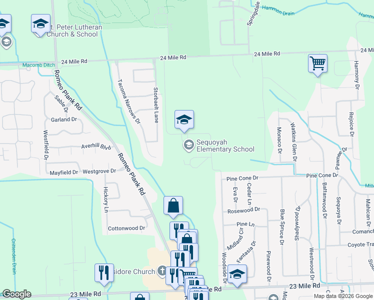 map of restaurants, bars, coffee shops, grocery stores, and more near 18500 24 Mile Road in Macomb