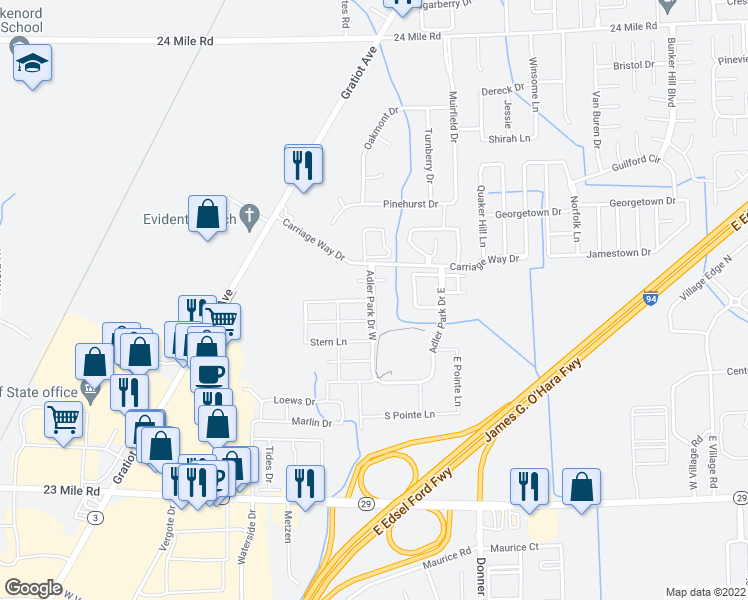 map of restaurants, bars, coffee shops, grocery stores, and more near 51709 Adler Park Drive West in New Baltimore