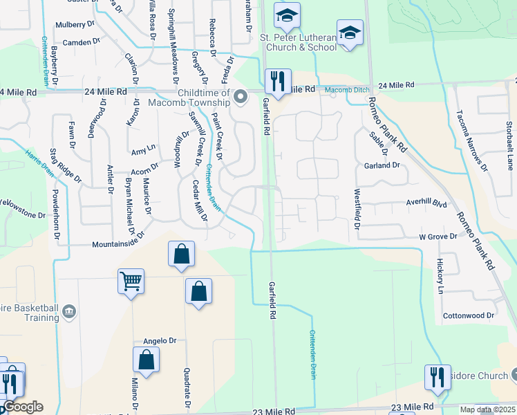 map of restaurants, bars, coffee shops, grocery stores, and more near 52230 Mitchell Lane in Macomb