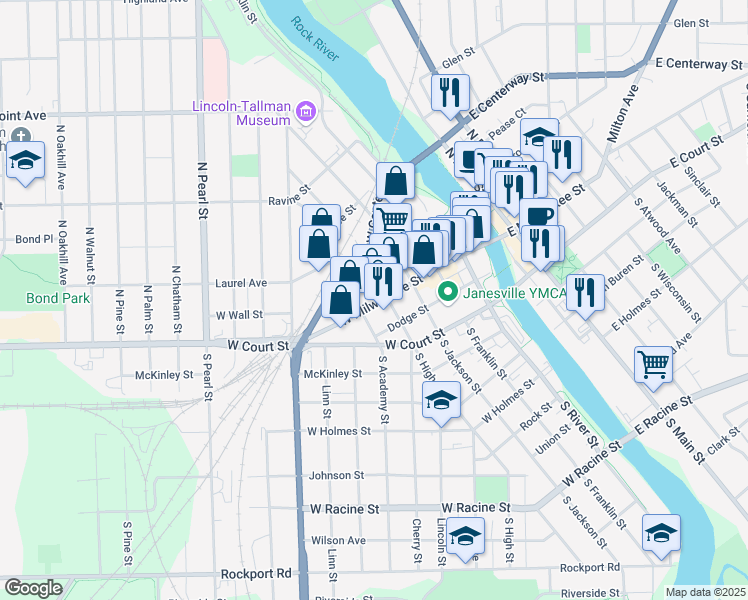 map of restaurants, bars, coffee shops, grocery stores, and more near 404 West Milwaukee Street in Janesville