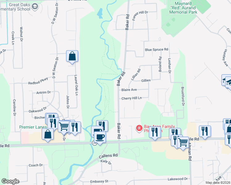 map of restaurants, bars, coffee shops, grocery stores, and more near 51600 Baker Road in New Baltimore
