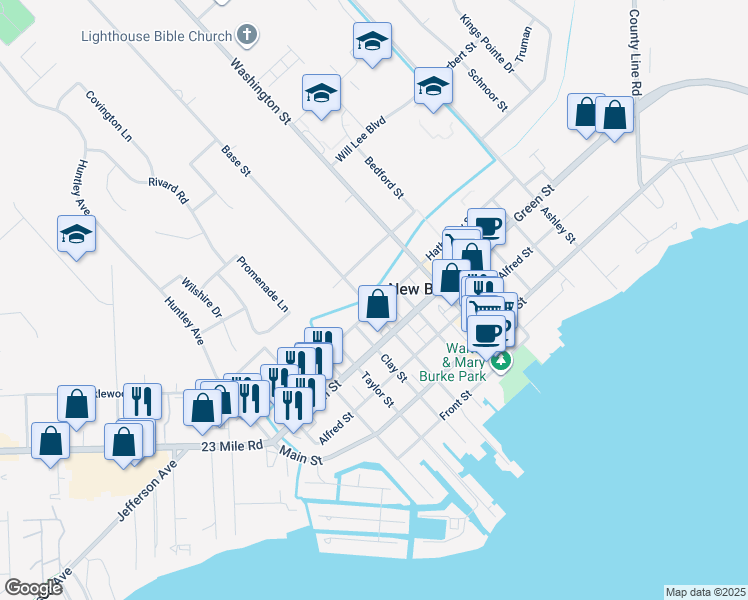 map of restaurants, bars, coffee shops, grocery stores, and more near 51344 Base Street in New Baltimore
