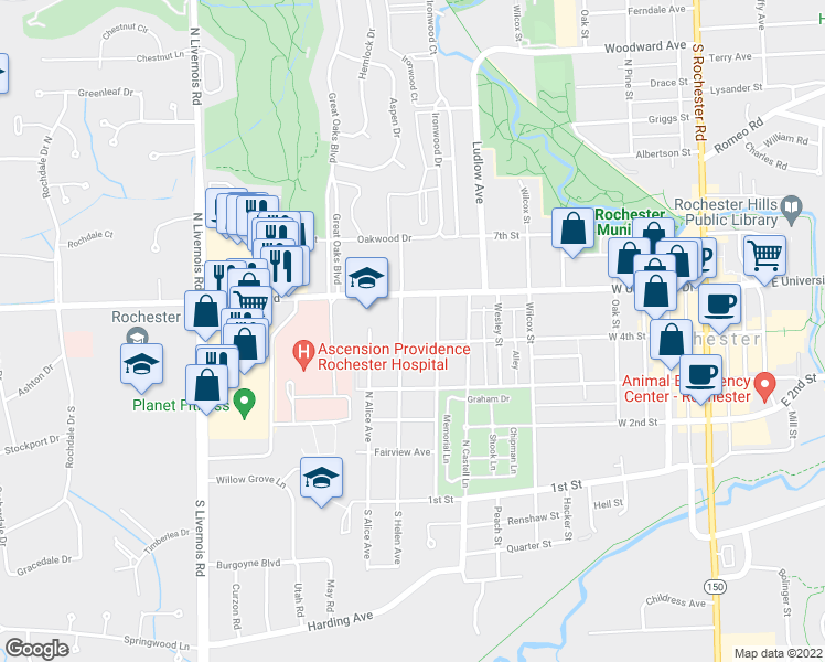 map of restaurants, bars, coffee shops, grocery stores, and more near 416 North Helen Avenue in Rochester