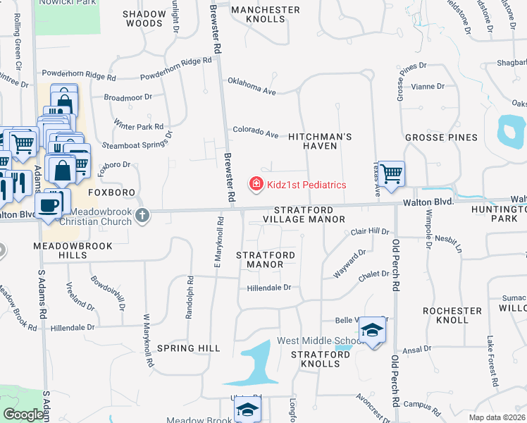 map of restaurants, bars, coffee shops, grocery stores, and more near 2377 Walton Boulevard in Rochester Hills