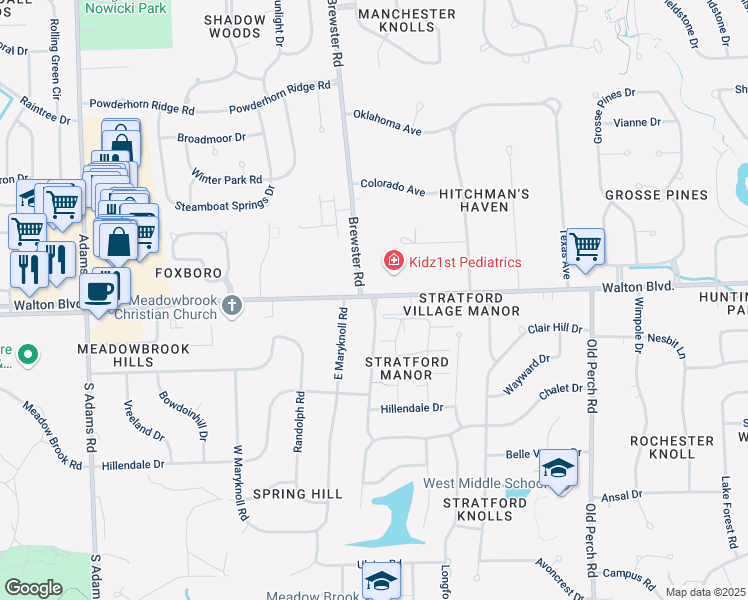 map of restaurants, bars, coffee shops, grocery stores, and more near 2377 Walton Boulevard in Rochester Hills